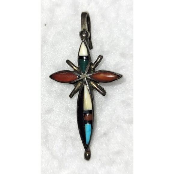 Antique Sterling Silver 925 Signed Initials Zuni Cross Pendant Inlay Gemstone - Picture 1 of 7
